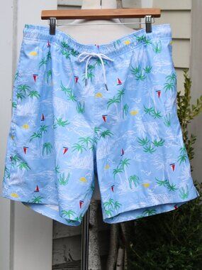 Lands' End Blue Sailboat Tropical Print Drawstring Swim Trunks Bathing Suit XL